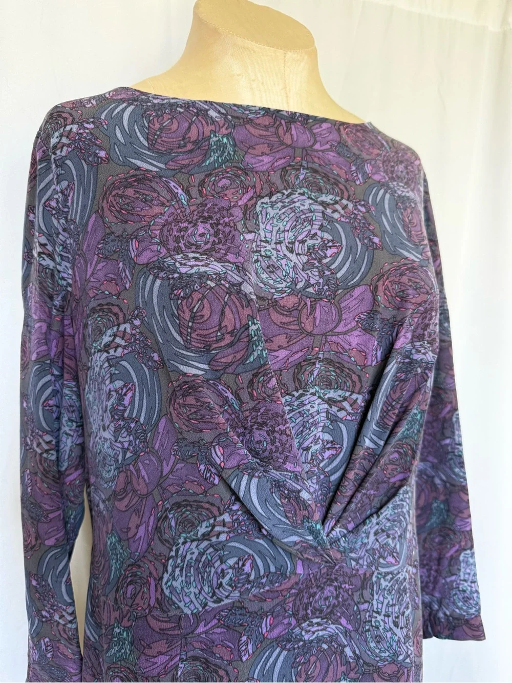 LIBERTY ART / LONDON 💯 Silk VTG Midi Boatneck Twist Detail Floral Dress - Picture 3 of 15